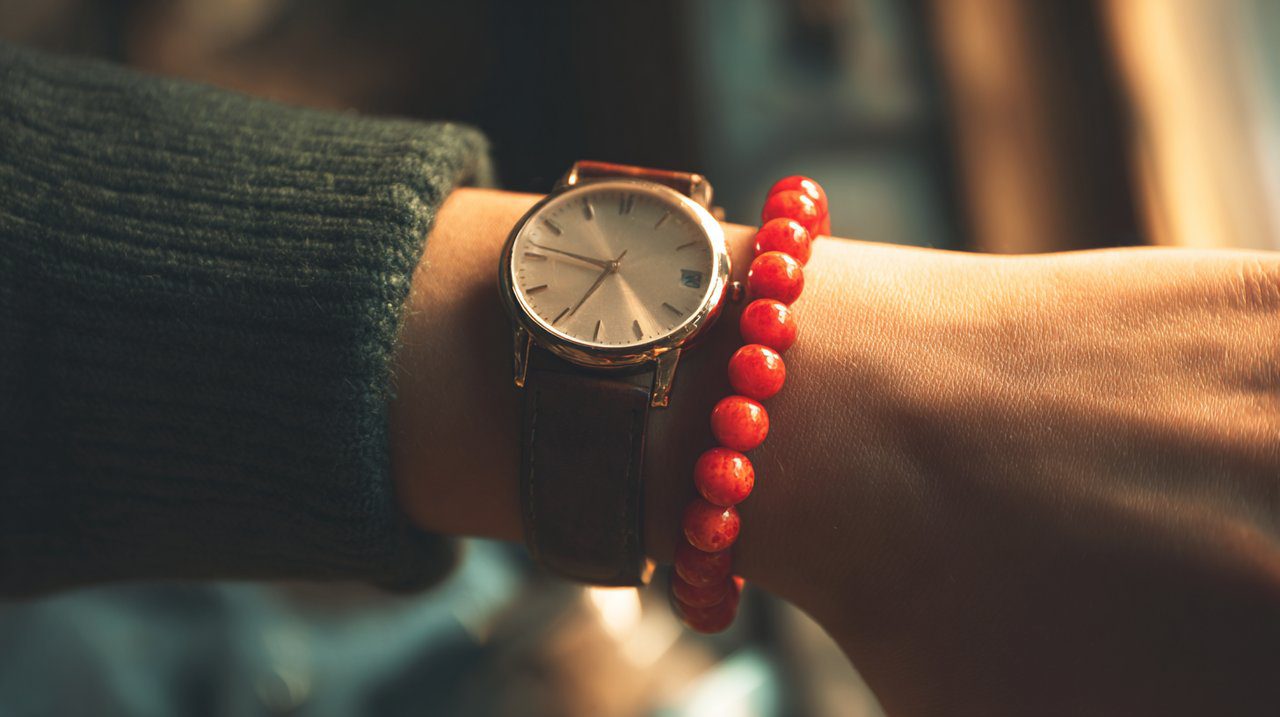 Hand wearing a vibrant red bead bracelet paired with a watch, showcasing a stylish layered look.