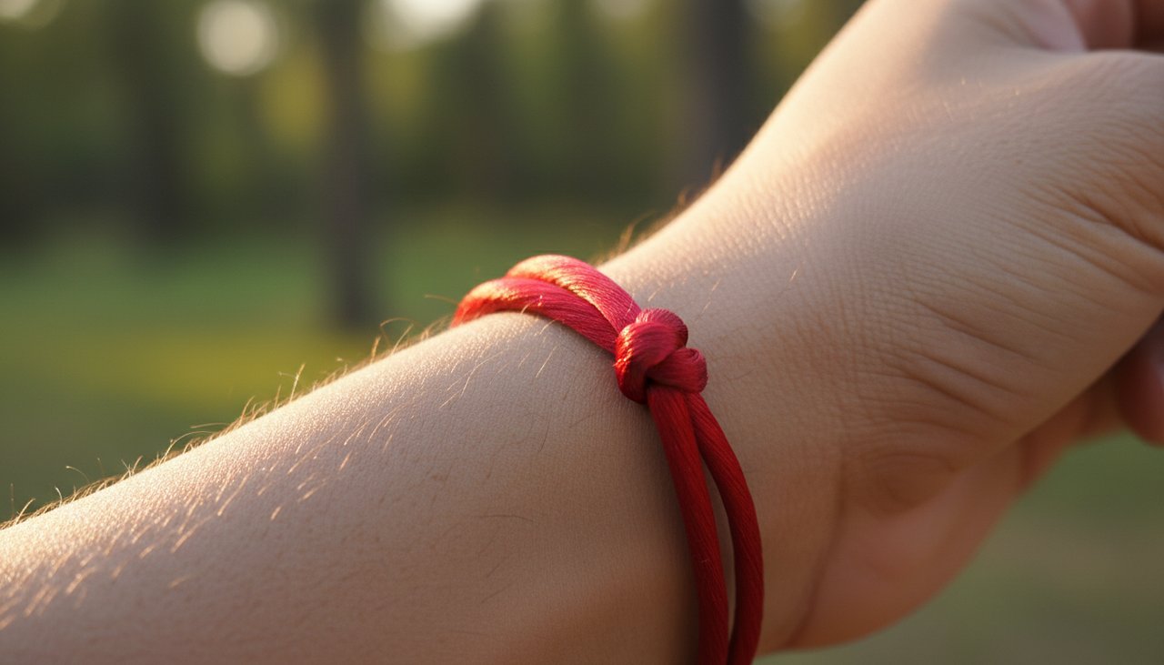 Close-up of a delicate red string tied around a wrist in soft sunlight