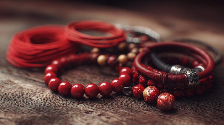 A collection of diverse red bracelets from various cultures