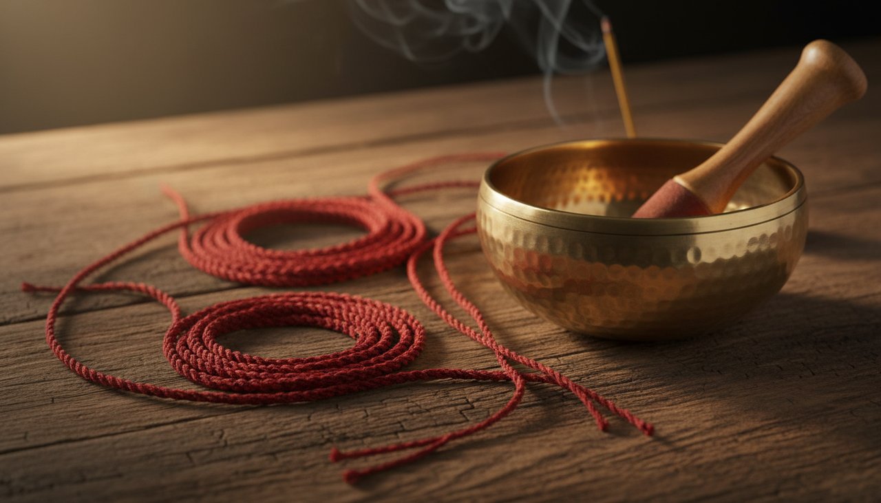 Blessed red threads resting near a Tibetan singing bowl