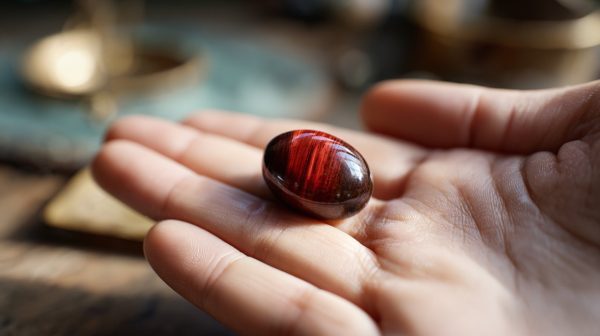 Una mano sosteniendo una piedra de ojo de tigre rojo pulida.