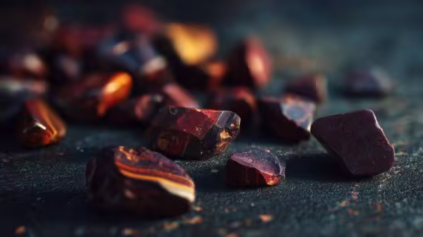 A close-up of red tiger's eye raw stones.