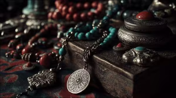 Una colección de joyería tibetana tradicional con turquesa y coral