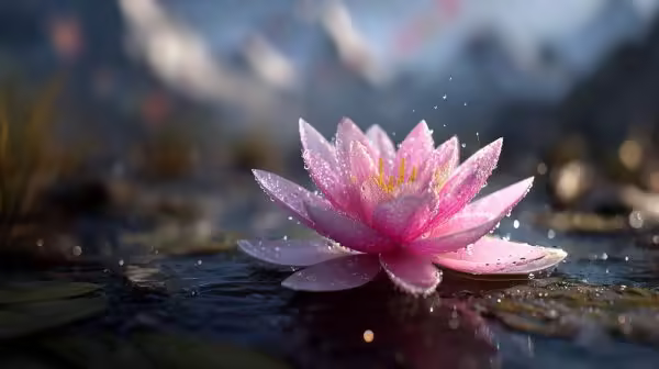 A pristine pink lotus flower blooming above murky water, with a blurred Tibetan landscape in the background.