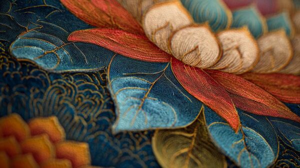 Primer plano de un Thangka tibetano con un prominente motivo de loto.