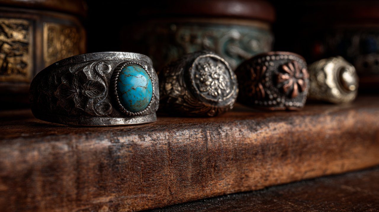 A collection of antique Tibetan rings with gemstones and intricate engravings