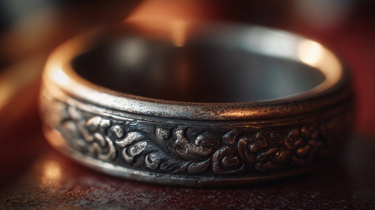 A close-up of a beautifully crafted Tibetan prayer ring