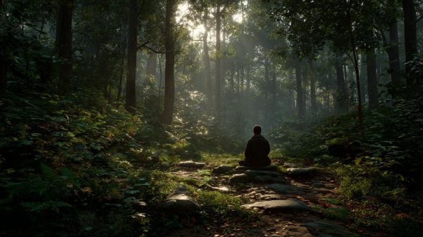 A person meditating in a serene natural setting.