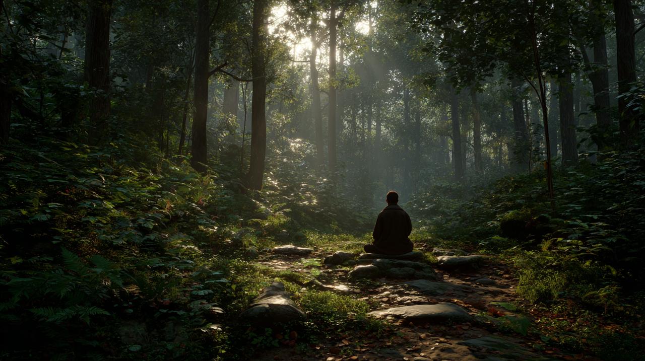 A person meditating in a serene natural setting.