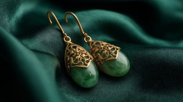 Un par de elegantes pendientes colgantes de jade vintage sobre una suave tela de seda.