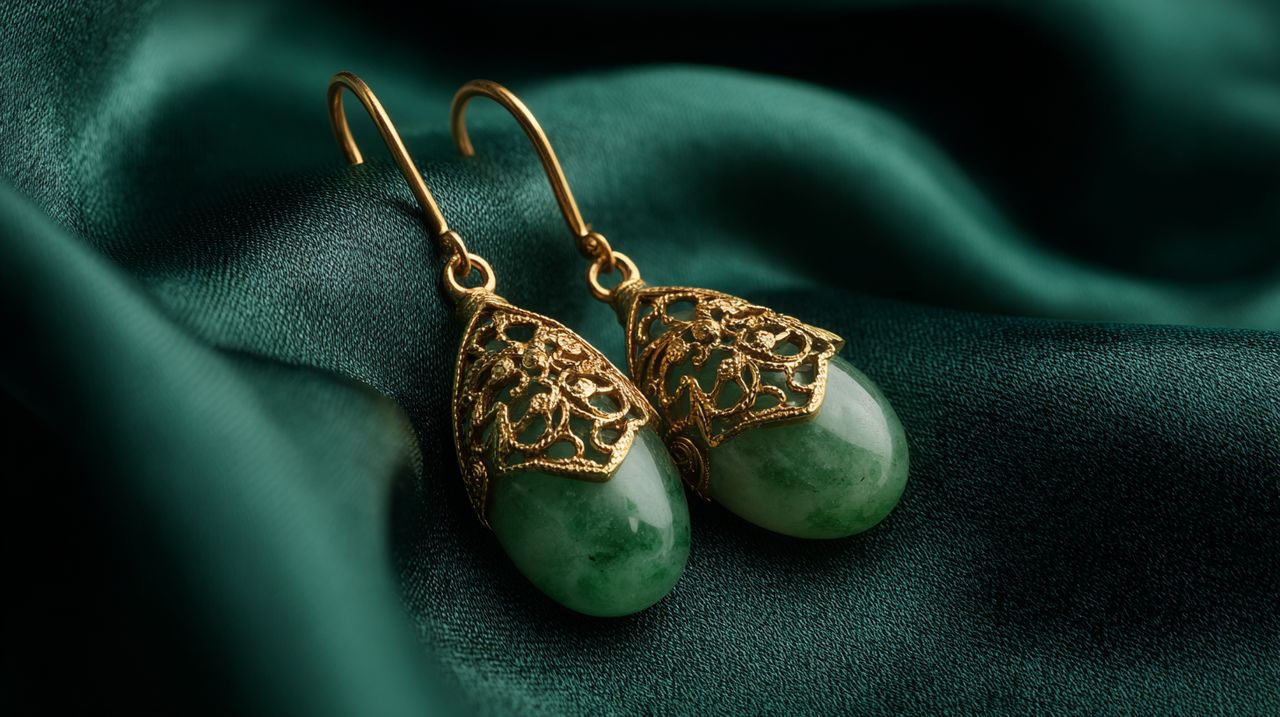 A pair of elegant vintage jade drop earrings on a soft silk cloth.