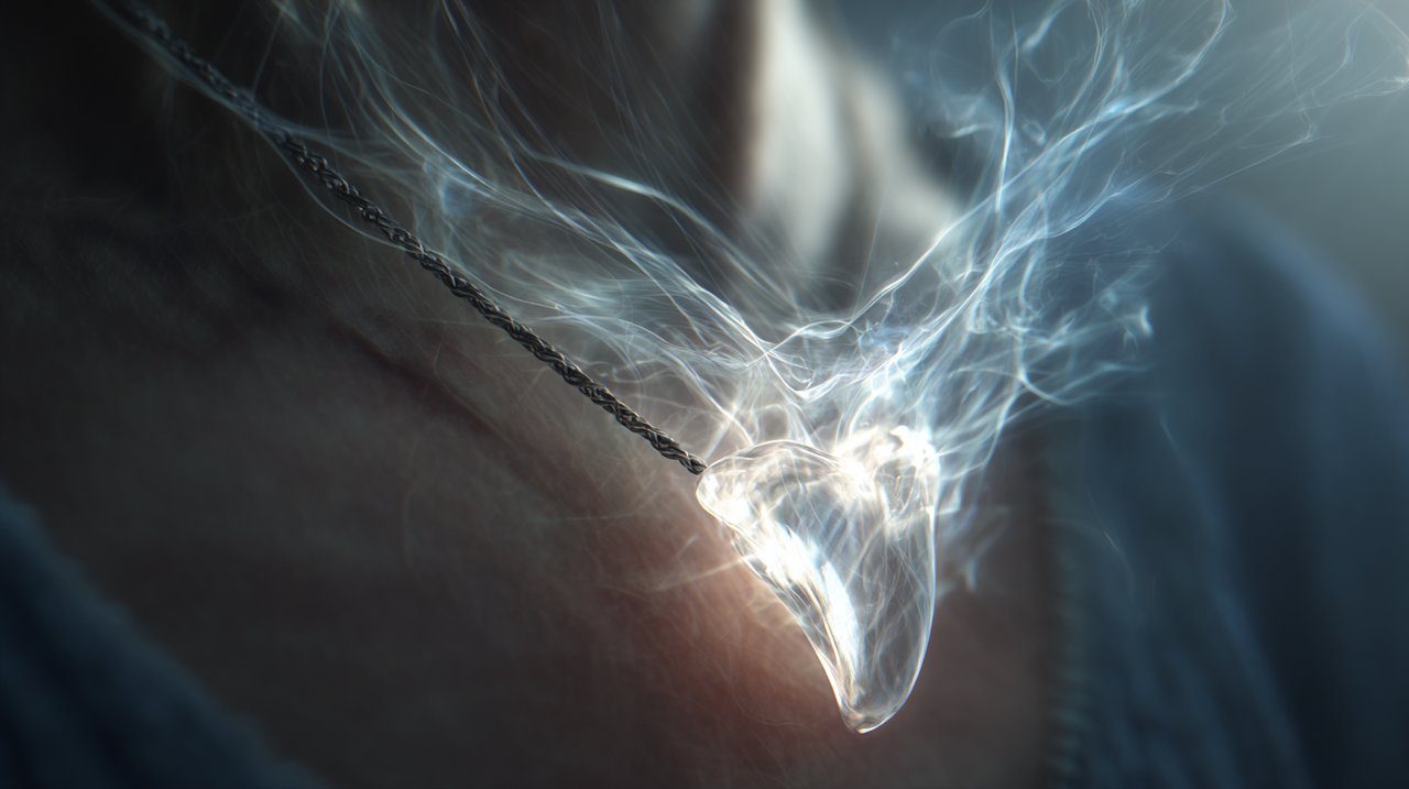 Subtle energetic aura emanating from a wolf tooth necklace, illustrating its interaction with a human energy field.
