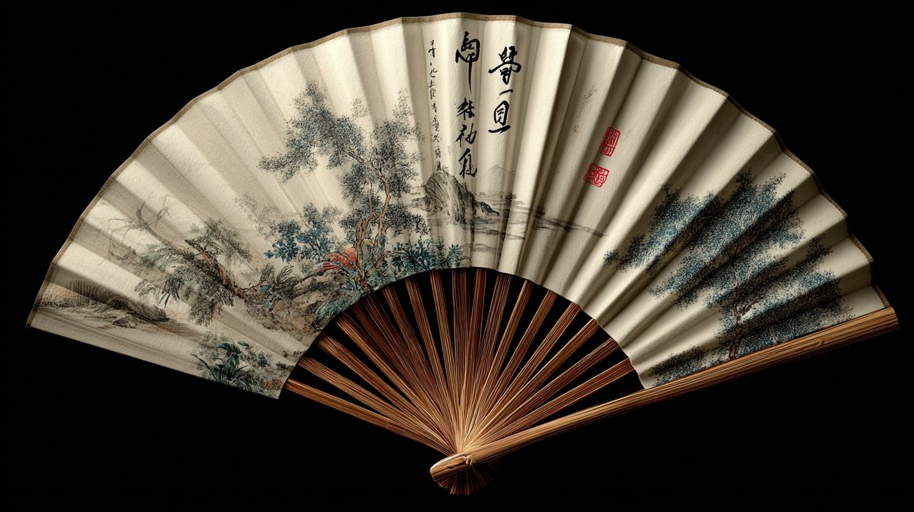 A traditional hand-painted Chinese folding fan.