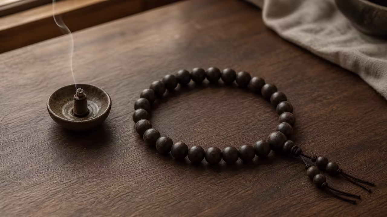 Agarwood Prayer Beads and Incense Practice Dark agarwood prayer beads beside a small ceramic incense holder on a wooden table