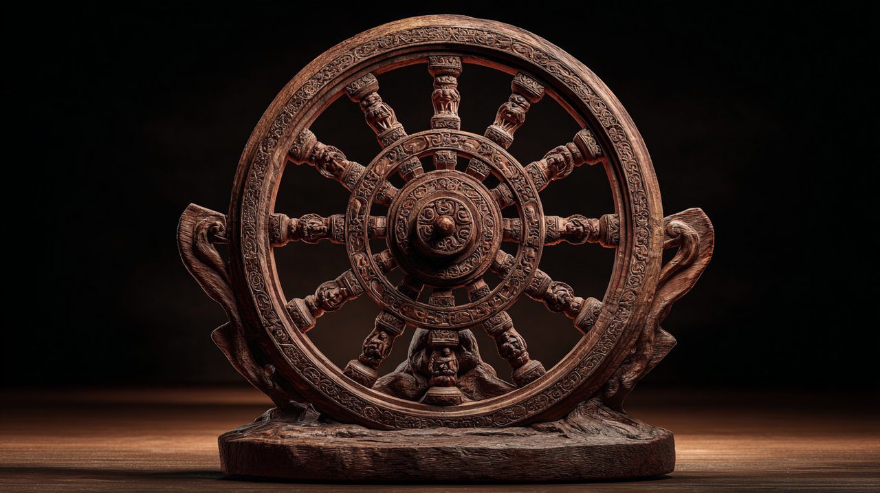 A detailed hand-carved wooden wheel representing Samsara.