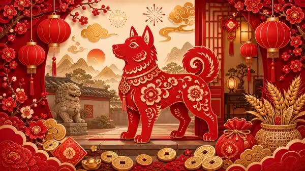 Chinese Zodiac Dog festive red paper-cut illustration with lanterns, plum blossoms, home threshold, gold coins, grain, and guardian symbolism