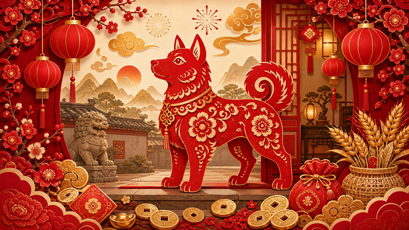 Chinese Zodiac Dog Festive Papercut Chinese Zodiac Dog festive red paper-cut illustration with lanterns, plum blossoms, home threshold, gold coins, grain, and guardian symbolism