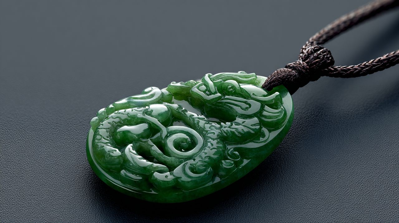 A polished jade pendant with an intricate carving.