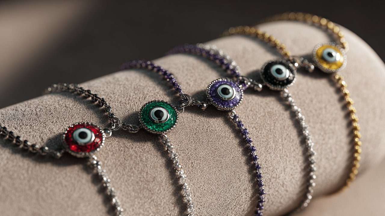 A collection of colorful evil eye bracelets arranged on a soft surface.