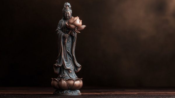 Kuan-Yin-Statue mit einer Lotusblume.