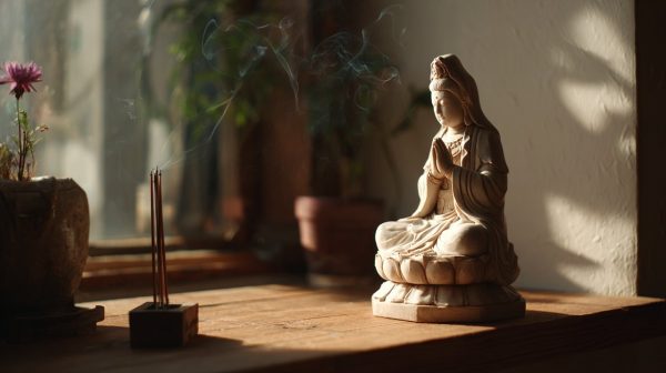 Kuan-Yin-Statue in einem friedlichen Meditationsbereich zu Hause.