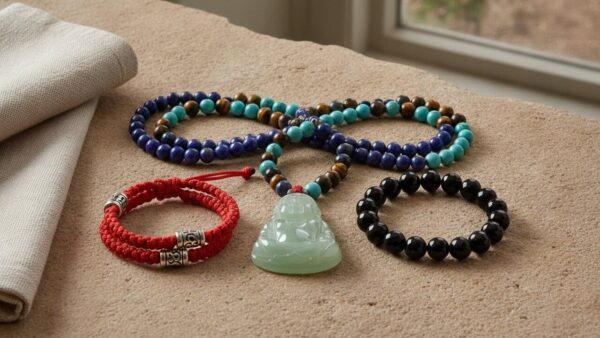 Layered spiritual jewelry with Buddha pendant, mala beads, and protection bracelets