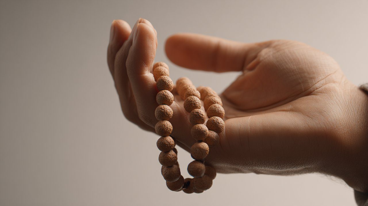 Hand Gently Holding Mala Beads