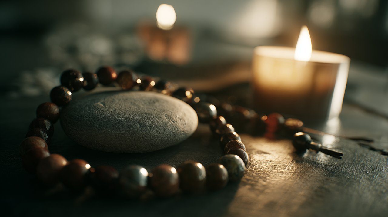 Mala Beads in a Serene Meditation Setting