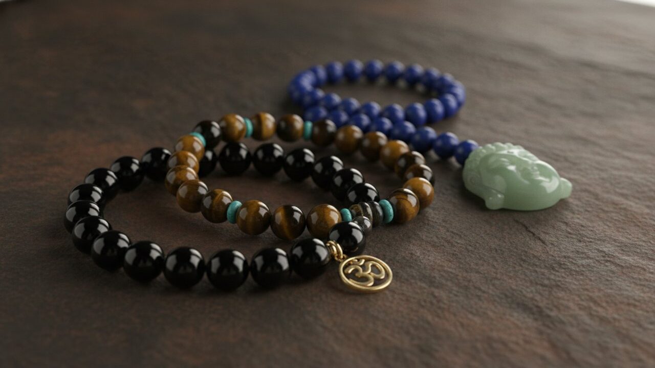 Protection bracelet and crystal jewelry pairing detail Protection bracelet and crystal jewelry pairing with obsidian, tiger eye, turquoise, lapis, and Buddha pendant