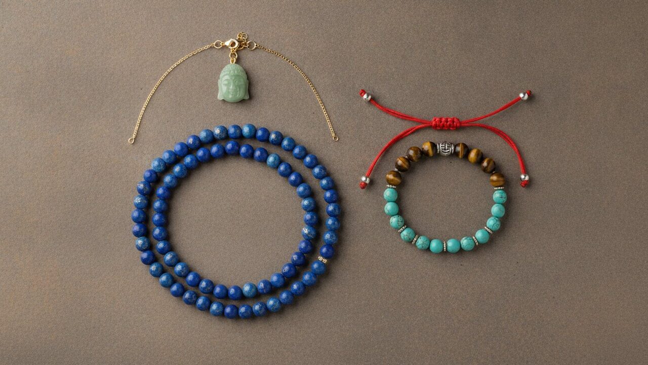 Spiritual jewelry layering mechanics with necklace and bracelets Spiritual jewelry layering layout with Buddha pendant, mala strand, and bracelets