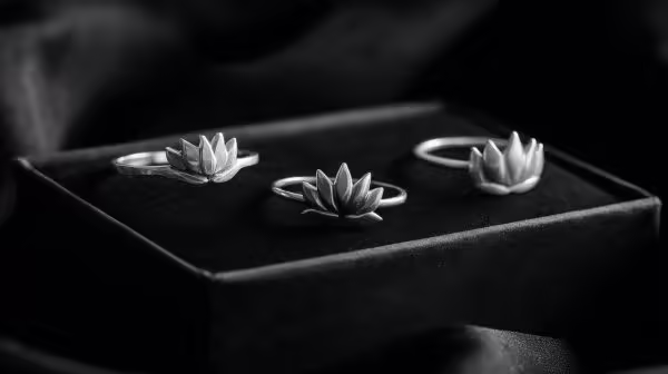 Verschiedene Lotusringe aus Sterlingsilber auf einer Auslage.