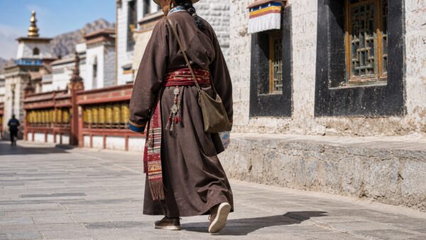 Tibetan chuba worn in an everyday Lhasa street setting with a woven sash and modern bag.