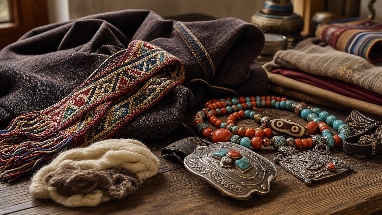 Tibetan Clothing Materials and Adornment Tibetan clothing materials with wool fabric, turquoise and coral beads, Dzi bead, and silver adornments.