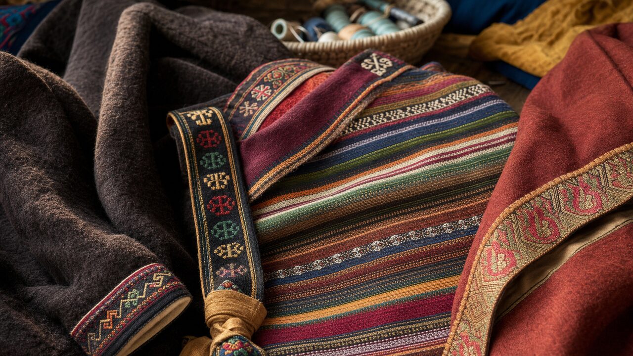 Tibetan Textile Colors and Weave Close-up of Tibetan wool textiles, striped apron fabric, woven sash, and geometric trim.