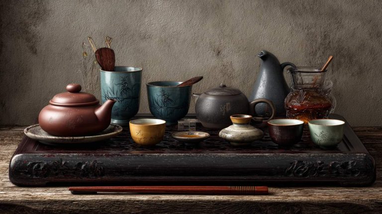 A complete traditional Chinese tea set arranged on a tea tray.