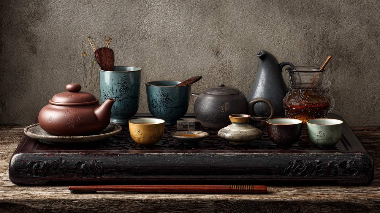 Ein vollständiges traditionelles chinesisches Teeset, auf einem Teetablett arrangiert.