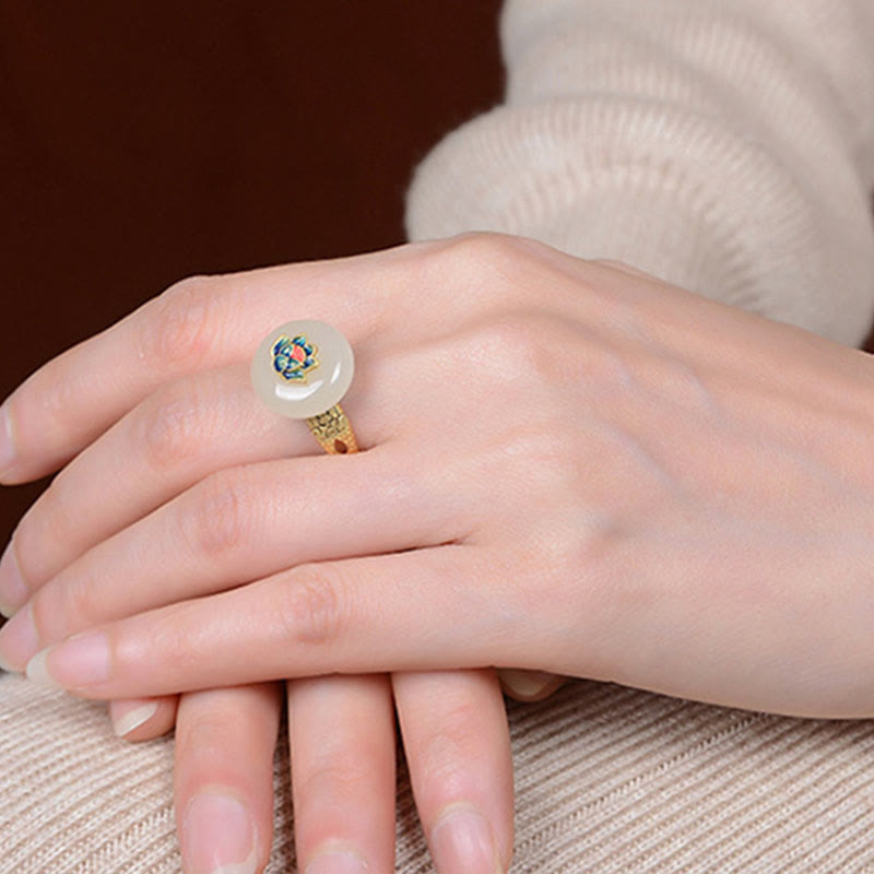 Schmuckset aus Hetian-Jade & Lotus: Ring & Ohrringe Hetian Jade Lotus Luck Ring & Earrings Set - 5