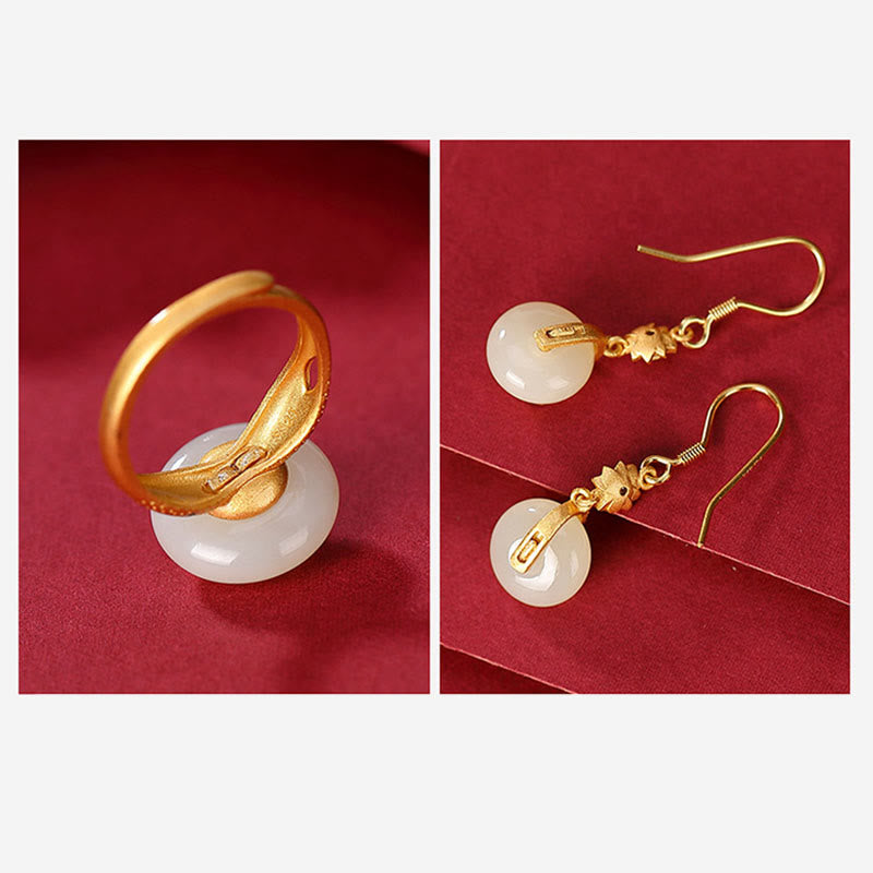 Schmuckset aus Hetian-Jade & Lotus: Ring & Ohrringe Hetian Jade Lotus Luck Ring & Earrings Set - 11