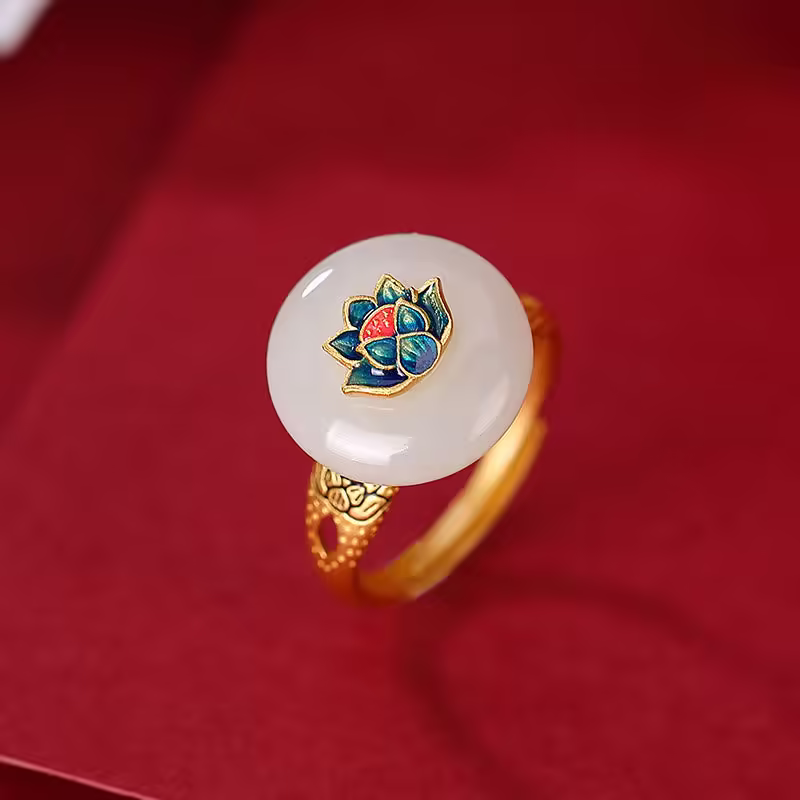 Schmuckset aus Hetian-Jade & Lotus: Ring & Ohrringe Hetian Jade Lotus Luck Ring & Earrings Set - 2