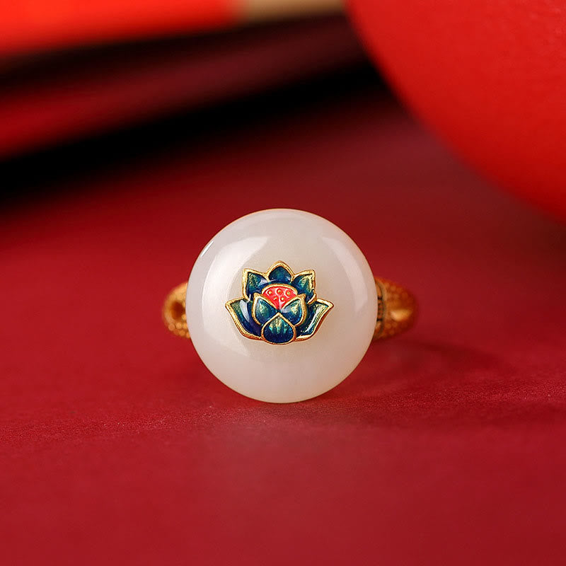 Schmuckset aus Hetian-Jade & Lotus: Ring & Ohrringe Hetian Jade Lotus Luck Ring & Earrings Set - 4