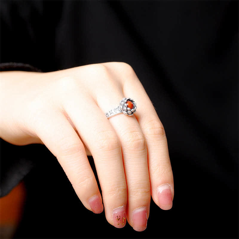 Tibeter Ring aus 925er Sterlingsilber mit rotem Achat und Lotusblüte Tibetan 925 Sterling Silver Lotus Red Agate Blessing Ring - 5