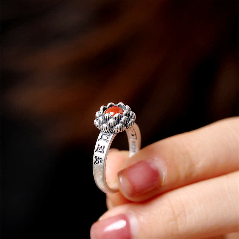 Tibeter Ring aus 925er Sterlingsilber mit rotem Achat und Lotusblüte Tibetan 925 Sterling Silver Lotus Red Agate Blessing Ring - 4