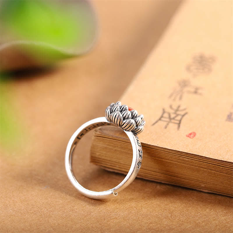 Tibeter Ring aus 925er Sterlingsilber mit rotem Achat und Lotusblüte Tibetan 925 Sterling Silver Lotus Red Agate Blessing Ring - 6