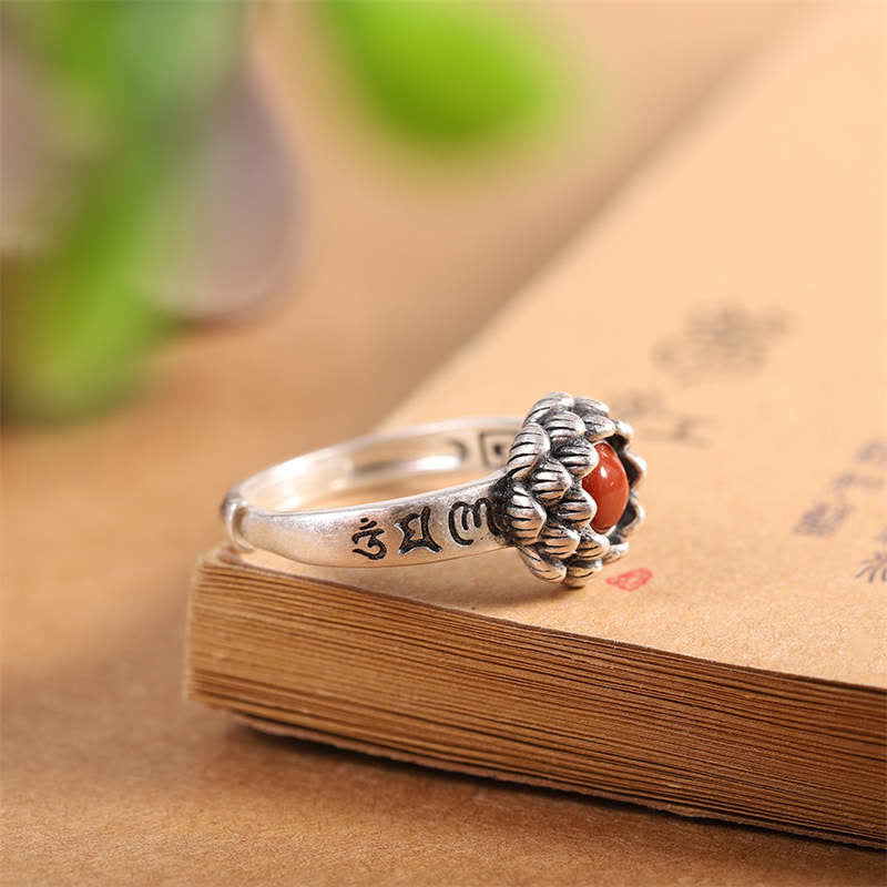 Tibeter Ring aus 925er Sterlingsilber mit rotem Achat und Lotusblüte Tibetan 925 Sterling Silver Lotus Red Agate Blessing Ring - 7