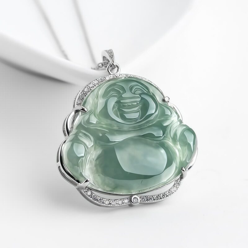 925 Silver Laughing Buddha Jade Pendant Necklace - 1