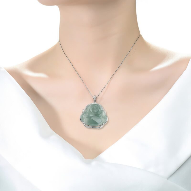 925 Silver Laughing Buddha Jade Pendant Necklace - 3