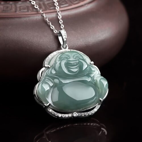 925 Silver Laughing Buddha Jade Pendant Necklace - 2
