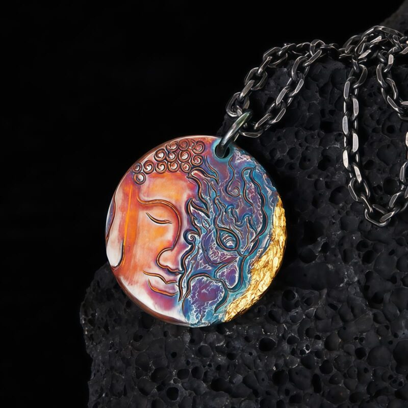 999 Silver & 24K Gold Half Demon Half Buddha Necklace - 1