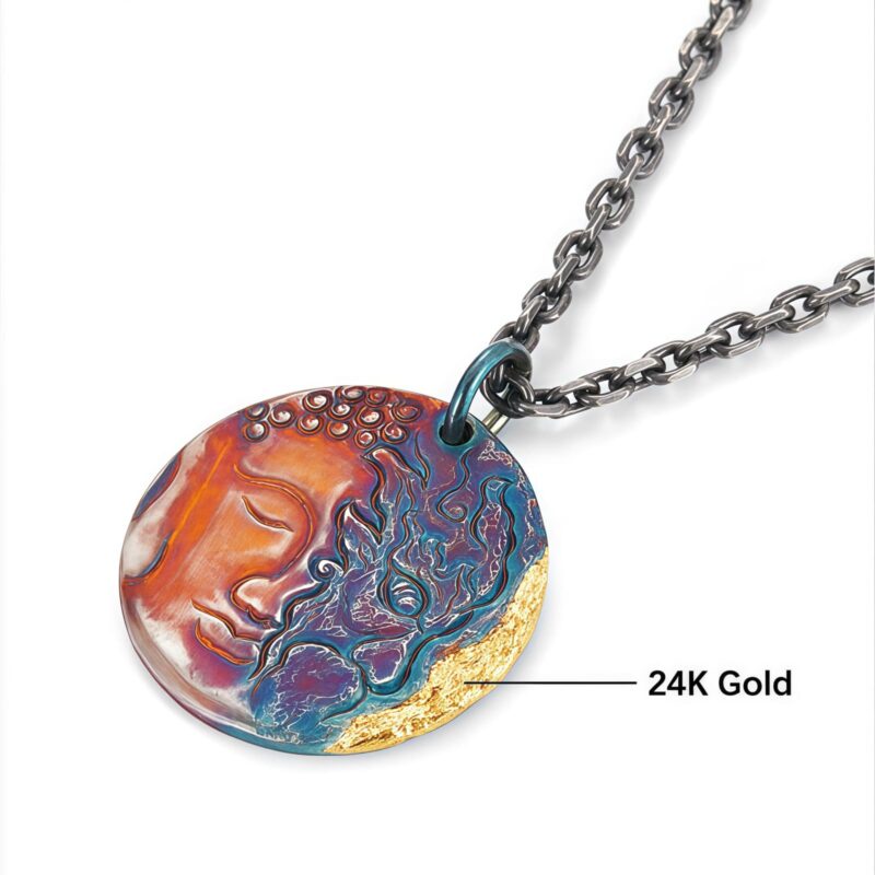 999 Silver & 24K Gold Half Demon Half Buddha Necklace - 9
