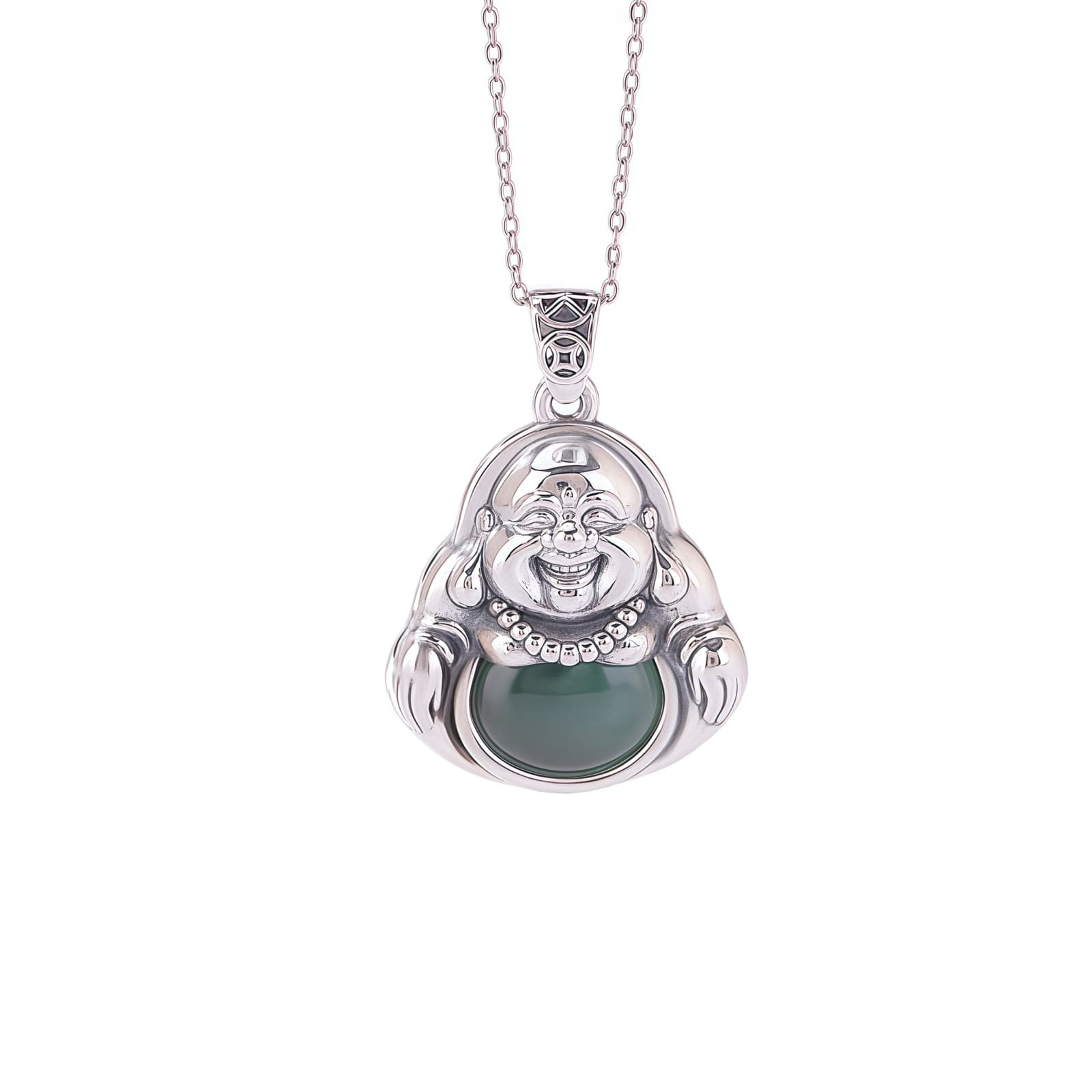 999 Silver Laughing Buddha Cyan Jade Pendant Necklace 999 Silver Laughing Buddha Cyan Jade Pendant Necklace - 7